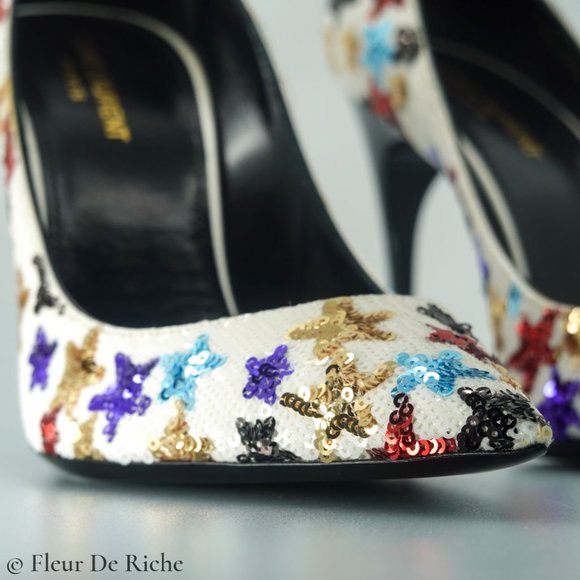 Saint Laurent Palace 105 White Sequin High Heels - Picture 3 of 9